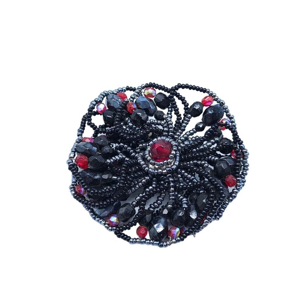 Black Seed Beads Multicolor Faceted Beaded Handmade Brooch Pin Vintage